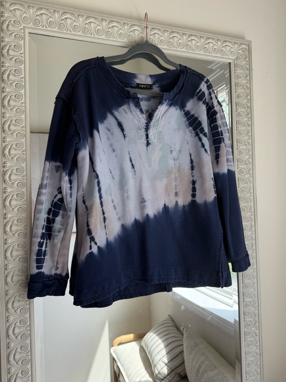 APNY Indigo Tie-Dye Split Neck Pullover 100% Cotton